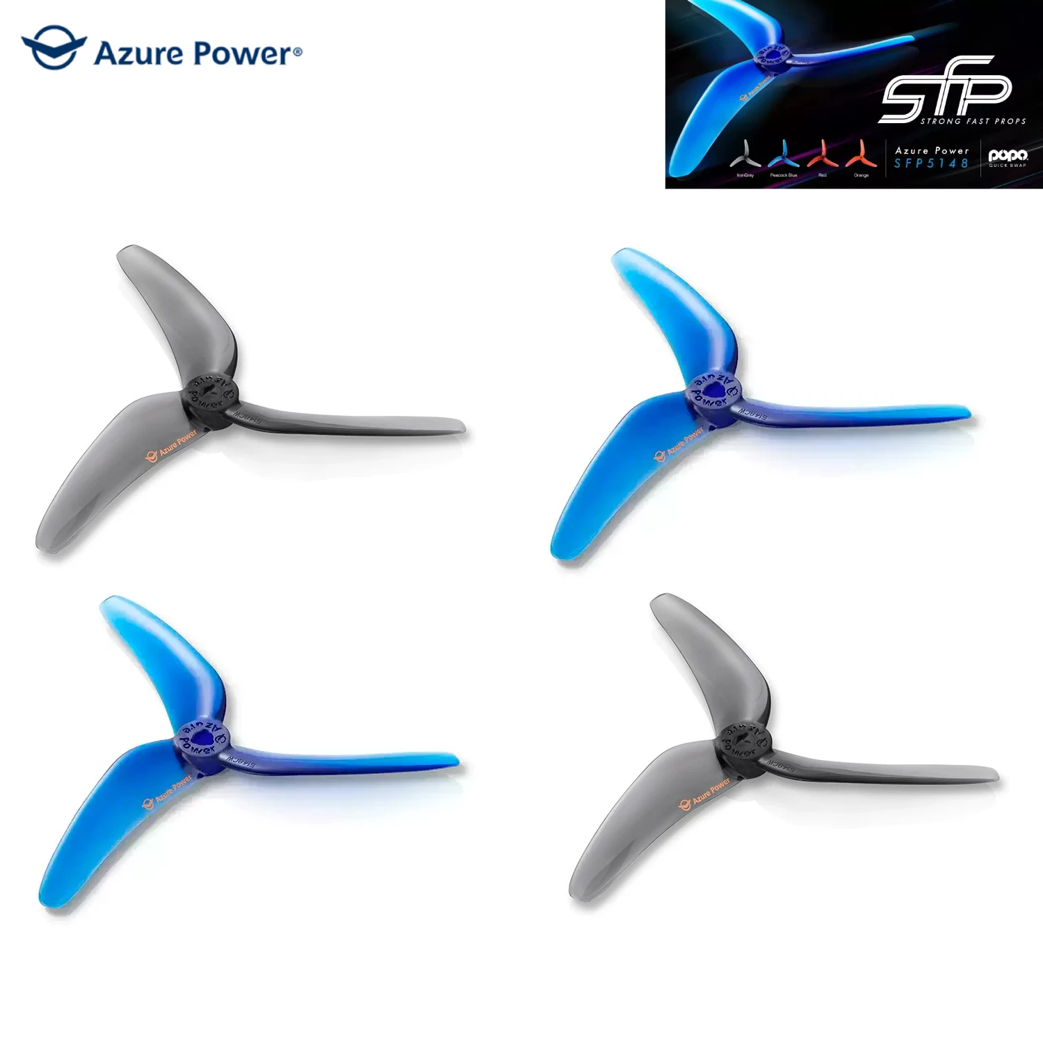 5Pack AZURE POWER Propeller 5 inch SFP Series 5148 Strong Fast Props 5.1"x4.8"x3 Blades PC Propeller for RC FPV Racing Freestyle