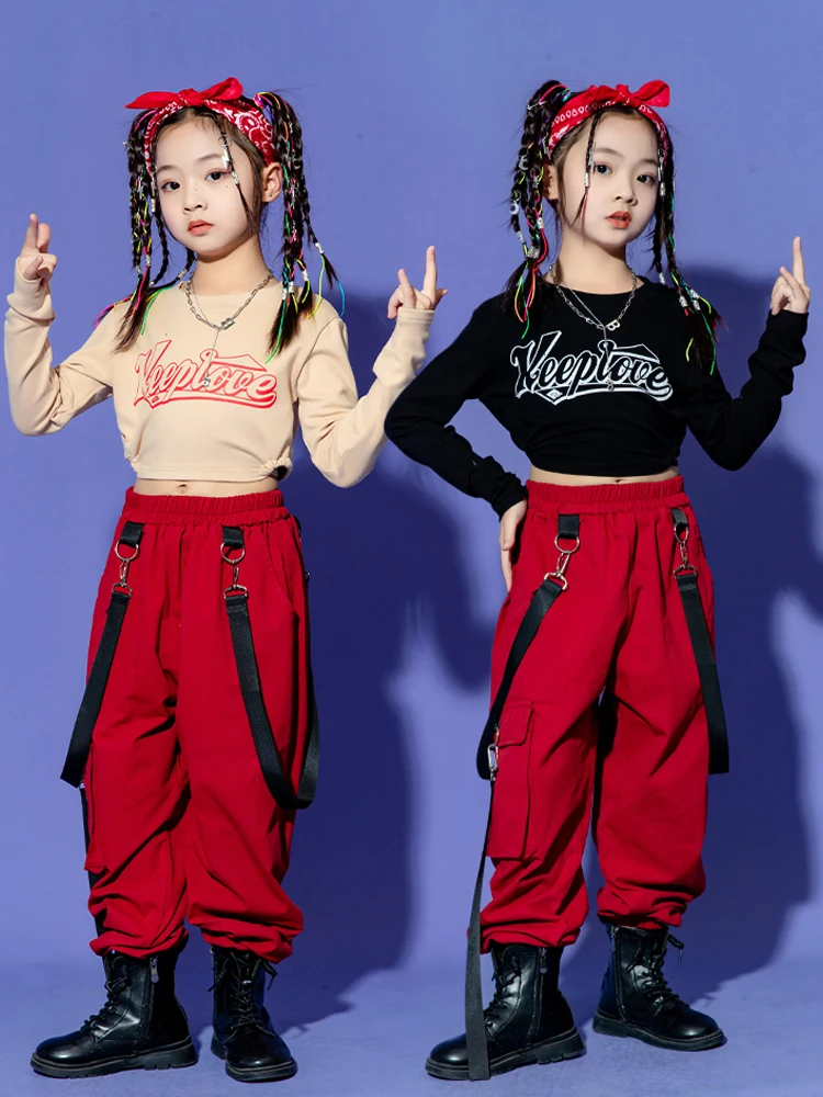 

Одежда для танцев в стиле K-POP для девочек, Одежда для танцев в стиле хип-хоп, костюм джаза, кроп-топы, красные брюки-карго, одежда для выступлений и уличных танцев, сценическая одежда BL10020, 2023