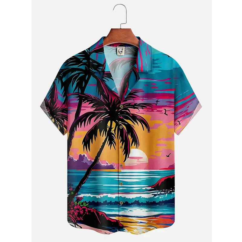 Men's Hawaii Summer Dusk Pattern Casual Shirt 3D Beach Funny Short Sleeve Womens Clothes Blouse New Hot Sale Floral Y2k Tops5XL