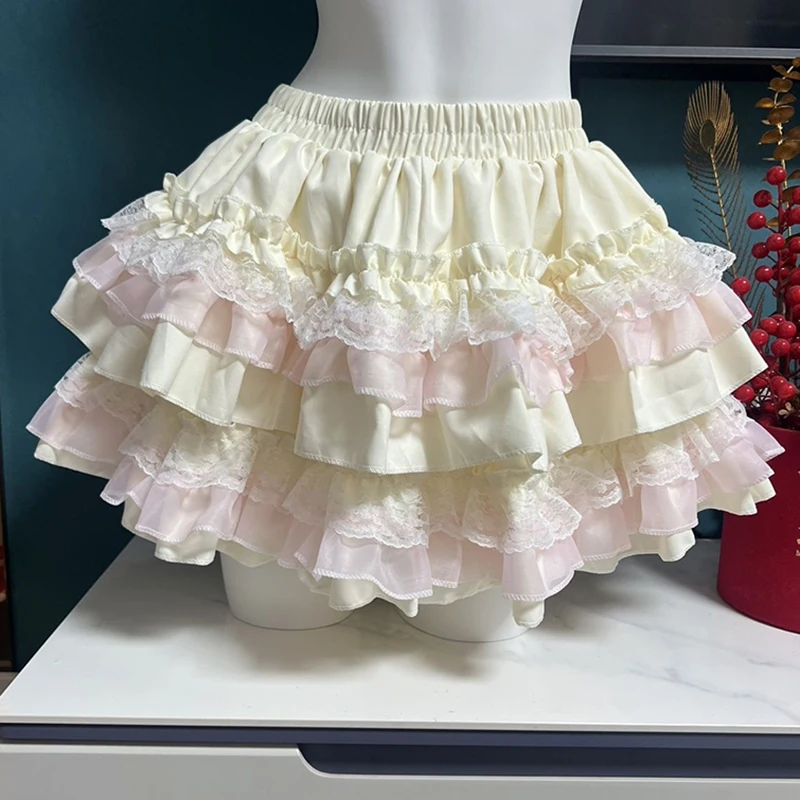Sweet Kawaii Mini Skirt Women Summer Preppy Lace Patchwork Mesh Cake Skirts Japanese Lolita Cute High Waist Student Casual Skirt