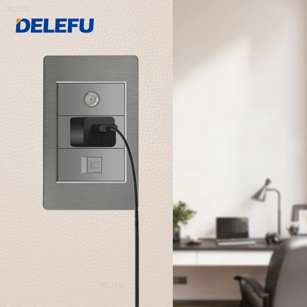 DELEFU Grey PC brushed panel American Standard series 118*74mm wall computer combination socket switch
