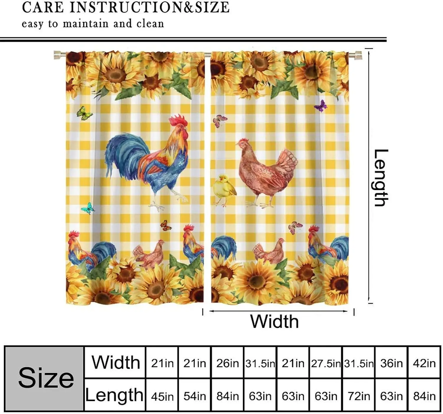 Sunflower Rooster Curtain 2 Panels, Yellow White Gingham Farm Animal Butterfly Print, Drapes for Kitchen Country Decor Curtain