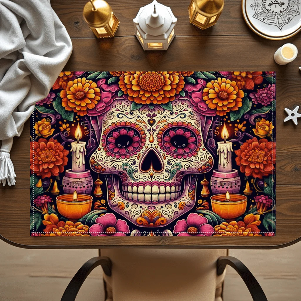 - Pieces Colorful Day Of The Dead Placemats, 17.72inch*11.81inch, Polyester Material, No Embroidery, No Tassels, Designed With