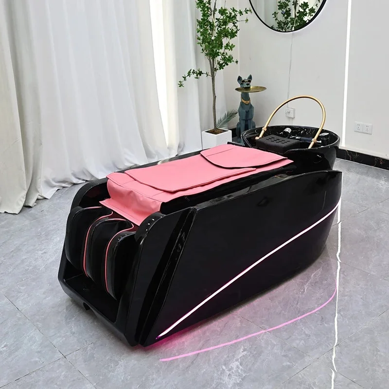 Professional Barbershop Fiberglass Frame Washing Bed Modern Luxury Electric Heating Massage Shampoo Bed with Ceramic Basin