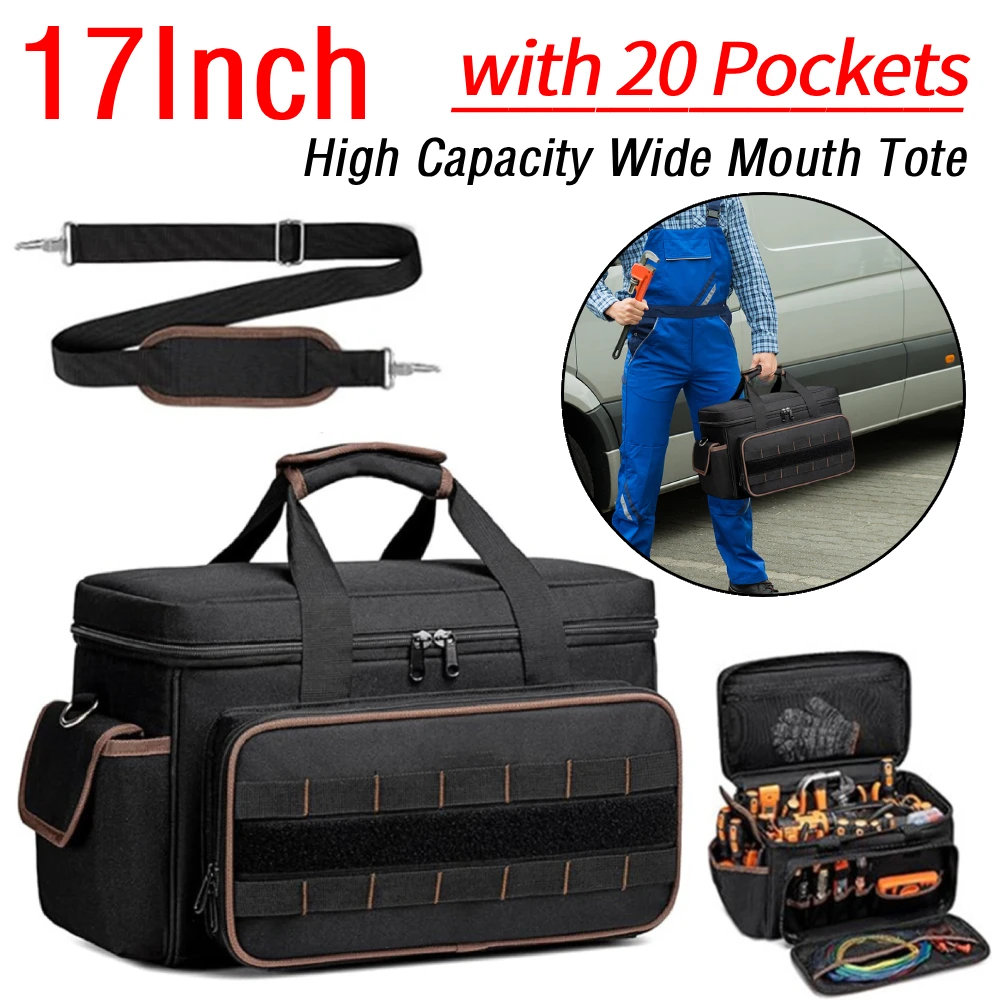 Borsa a bocca larga ad alta capacità da 17 pollici con 20 tasche Borse per attrezzi per elettricisti Tracolla regolabile Borsa per attrezzi grande Organizzatore