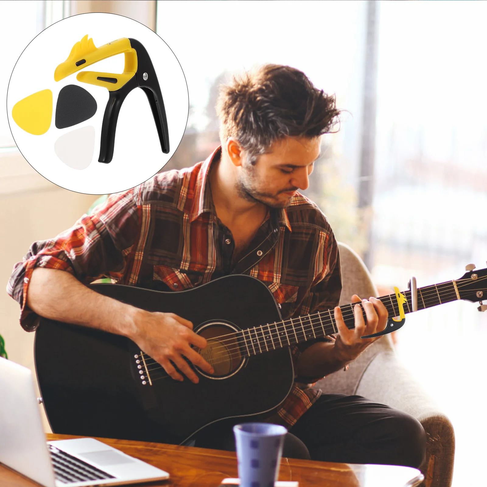 1 conjunto capo com palhetas para guitarra folk, acessório de afinação, leve, durável, ajuste de liberação rápida, compatível com acústico