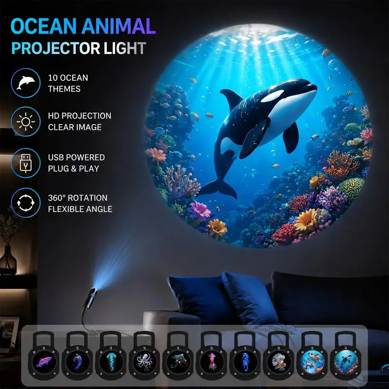 USB Ocean Animal Projector Light 10 Themes Projection Lamp 360° Rotatable For Bedroom Room Party Decor
