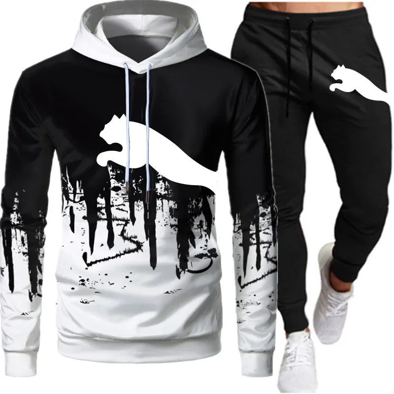 New Men's Tracksuit Sweatshirt Set Winter Fall Splash Ink Hoodies + Sweatpants 2Pcs Suit Casual Running Fitness Man Sportswear