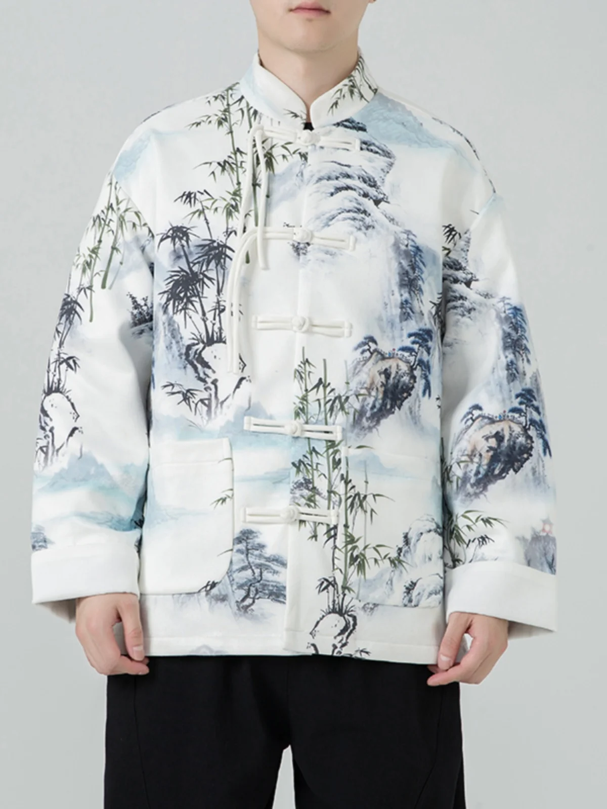 

New Chinese Sle Men's Jaet Spring Autumn Loose Suede Coat Floral Pattern Stand Collar Single Button Long Sve Warmth