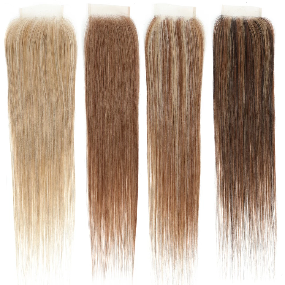 

4x4 HD Transparent Lace Frontal Closure Bug Brown Blonde 613 Synthetic Straight Hair Free Part PrePlucked Natura