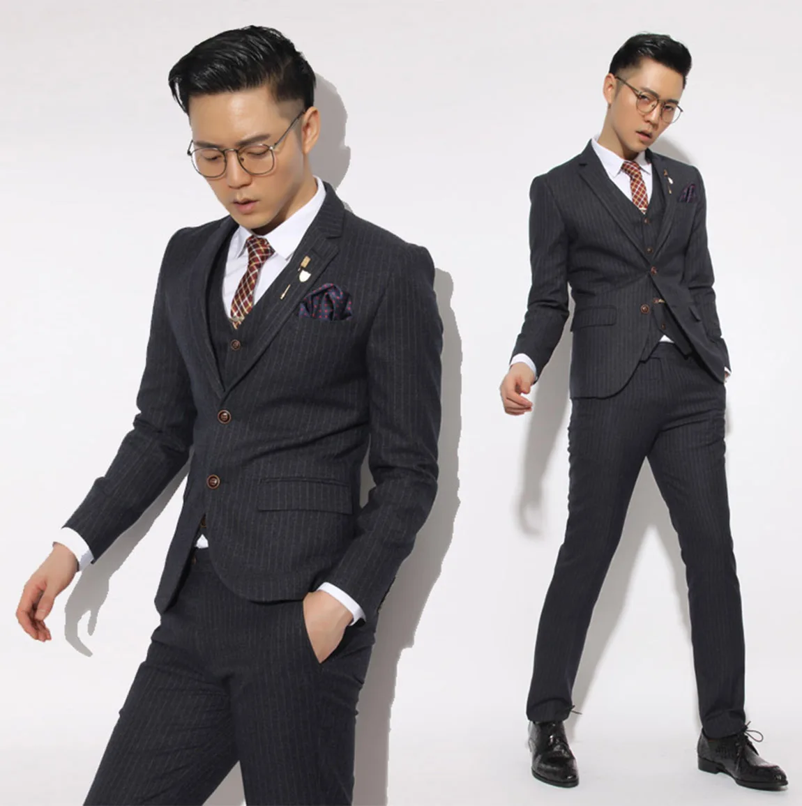 Men's 3 Pieces Stripe Suit Formal Business Prom Wedding Jacket Vest Pants