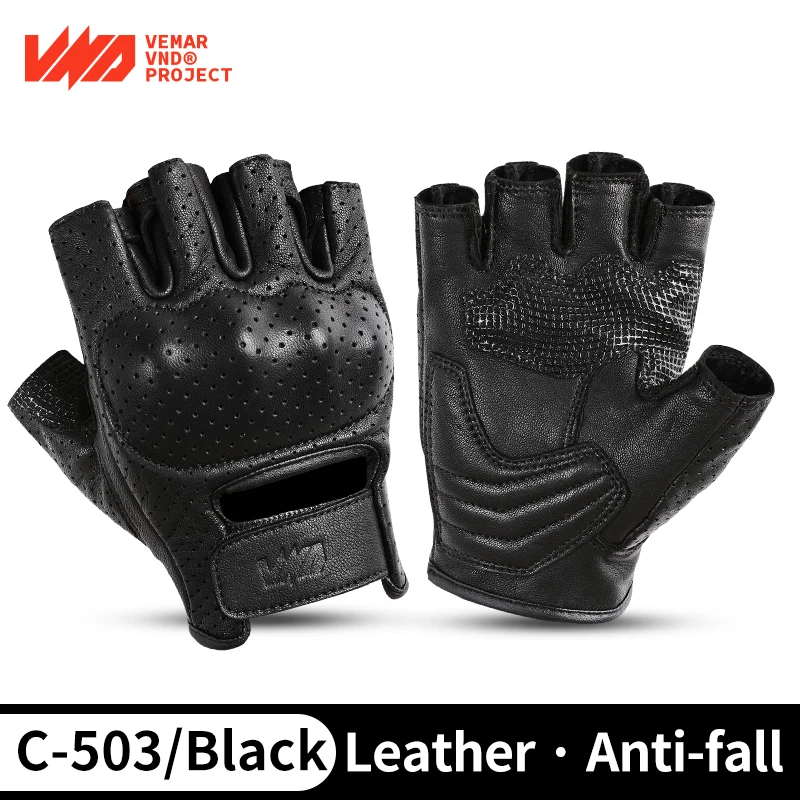 

VND Half/ Short Finger Motorcycle Summer Gloves Leather Piercings Breathable Retro Riding Biker Drop Shock Absorption Moto Guant