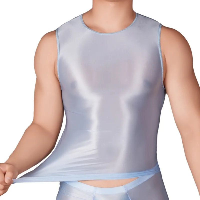 Men's Sexy Thin Sheer Silky Smooth Tight Tank Top Round Neck Sleeveless Tee Transparent Elastic Fitness Sport Vest Undershirt