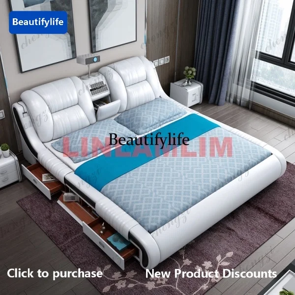 C45  Genuine Leather Bed Multifunctional Beds Ultimate Massage Camas with Bluetooth,Speaker,Safe,Air Cleaner,