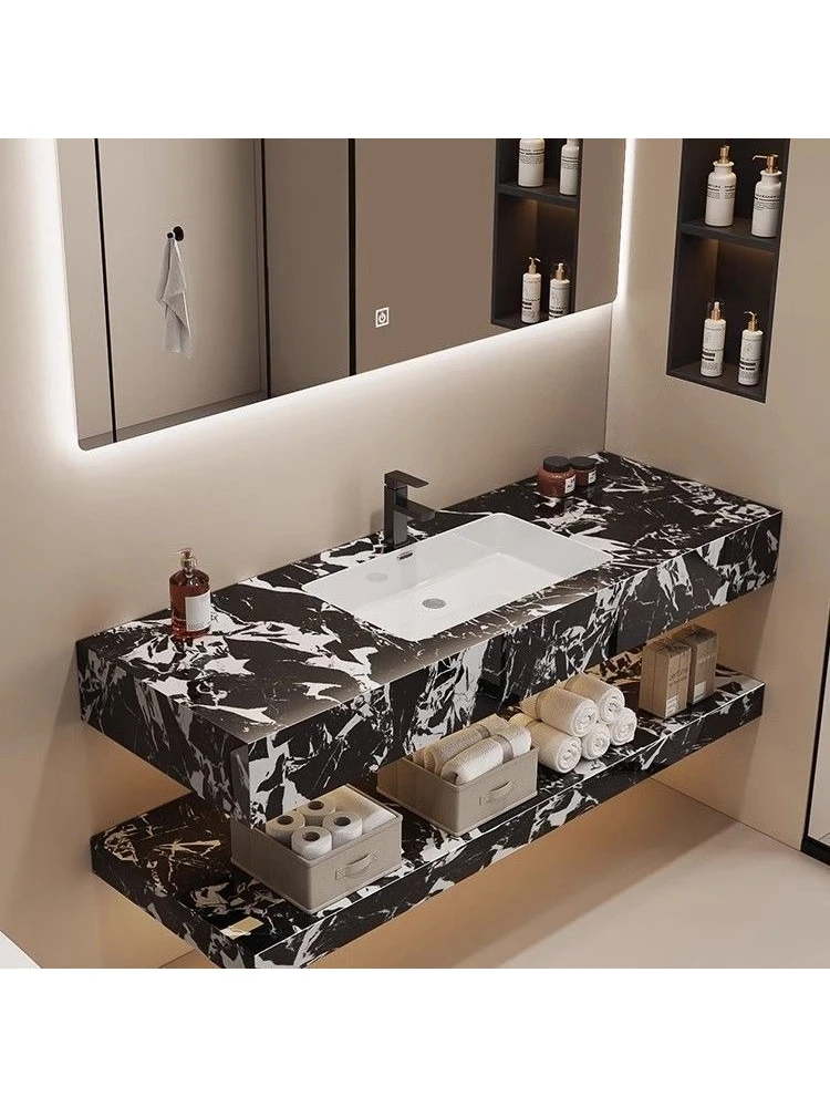 

Легкий роскошный комплект для ванной комнаты: тумба с раковиной из каменной плиты, керамическая бесшовная интегрированная раковина-столешница