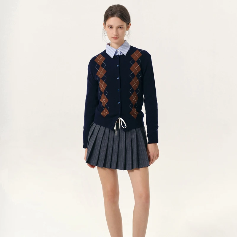 

2025 Women 100% Wool Sweater Classical Argyle O-neck Cardigan Spring Autumn Winter Chic Pure Wool Knitwear Sweater Tops