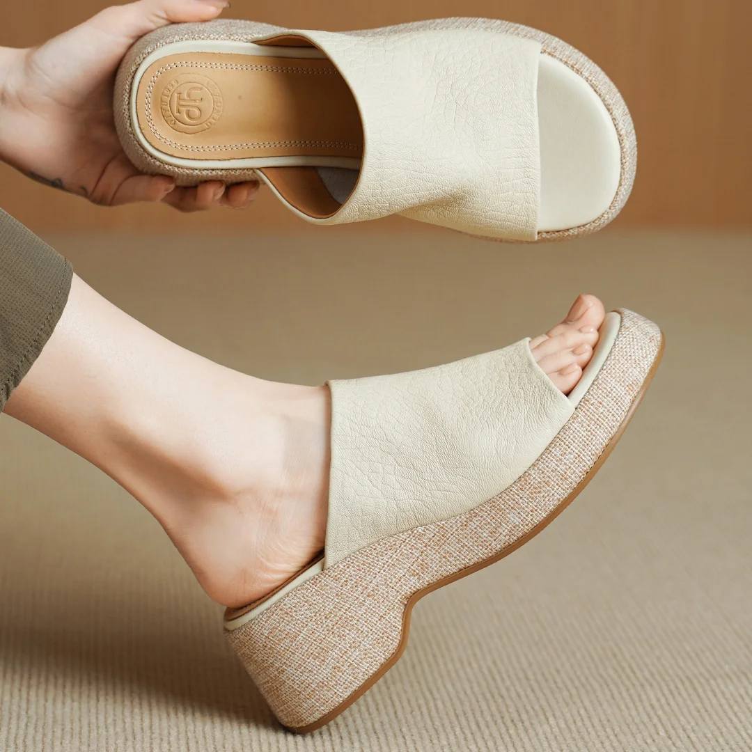 

danxuefei women's sheepskin open toe summer 6cm thick sole platform flats slides high quality soft comfortable casual sandals 40