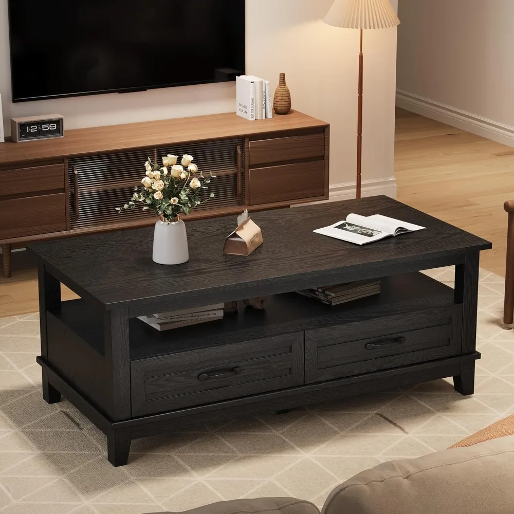 Farmhouse Coffee Table with Drawers, 47.2 in Center Table Rustic Coffee Tables Black Living Room Table, Customized