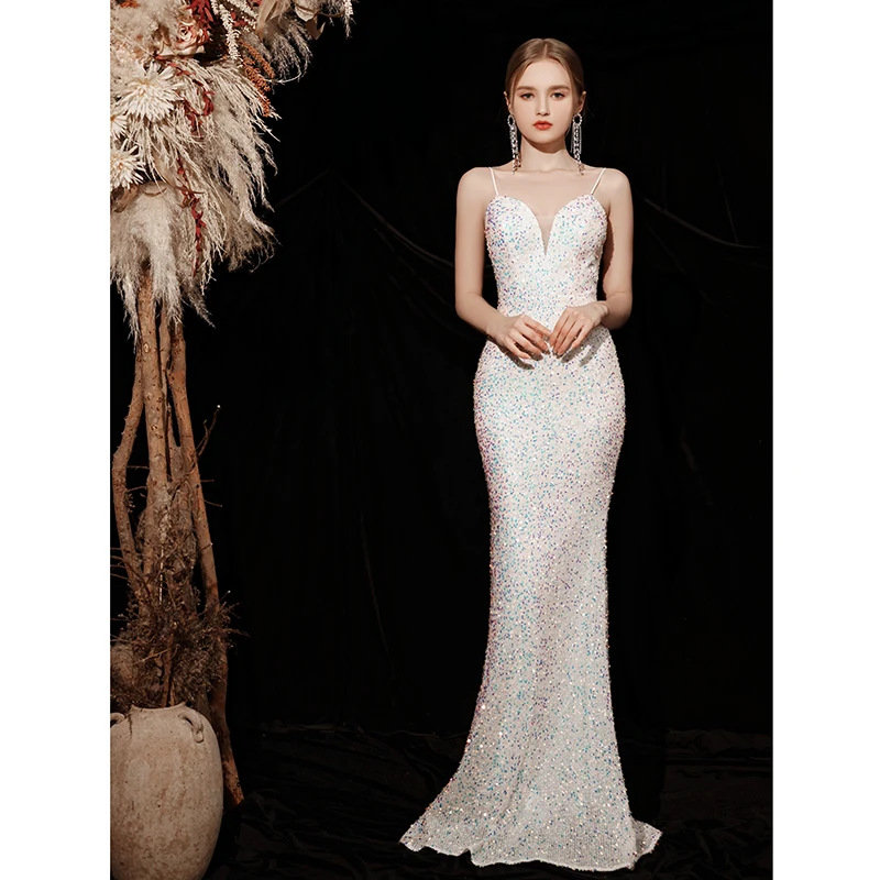 N11147 فستان سهرة مزين بالترتر للنساء ذيل السمكة المتلألئ وحزام طويل مع ملابس فساتين حفلات على شكل حرف a ذات ذاكرة حلوة