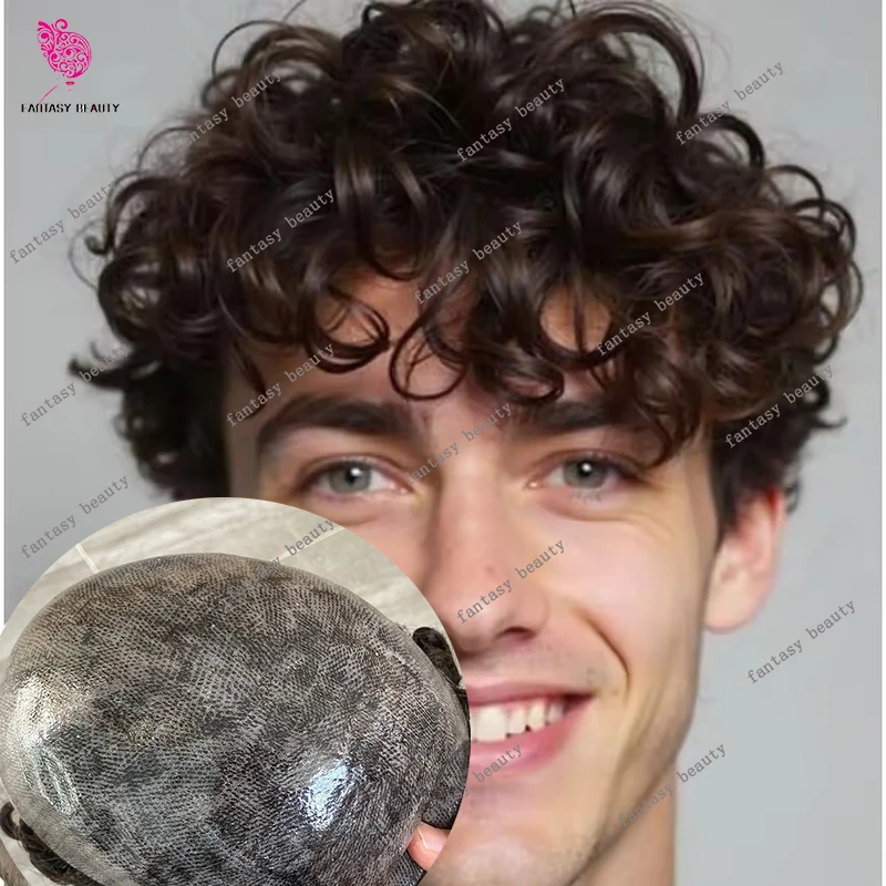 Mens 28mm 24mm Natural Curly Human Hair Toupee Hair Replacement Capillary Prosthesis 100% Human Hair Durable Skin Poly Easy Wear
