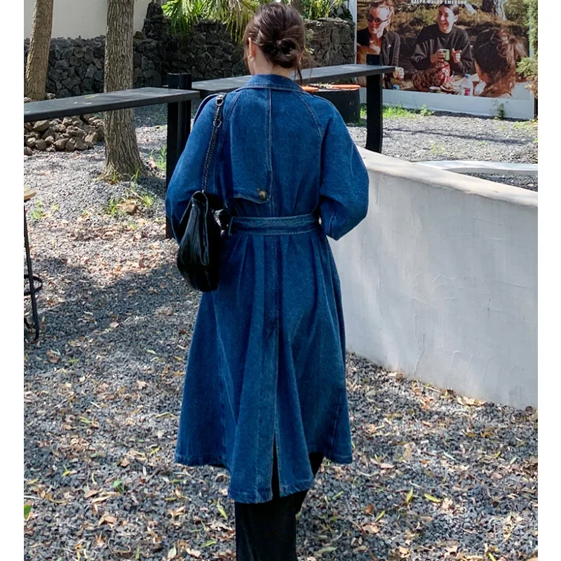 Denim Jackets for Women Trench Coats 2023 Spring Autumn Loose Casual Slim Long Over-the-knee Coat Epaulets Split Belt Back Cloak