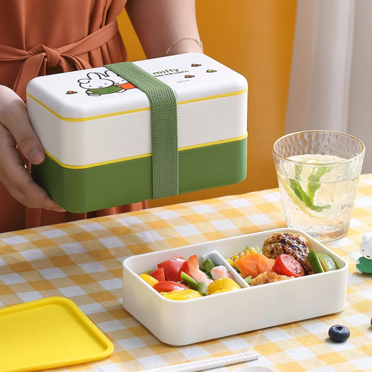 Kawaii miffy coelho dupla camada lancheira bonito dos desenhos animados lancheira estudante cafeteria escritório trabalhador deslocamento portátil bento caixa