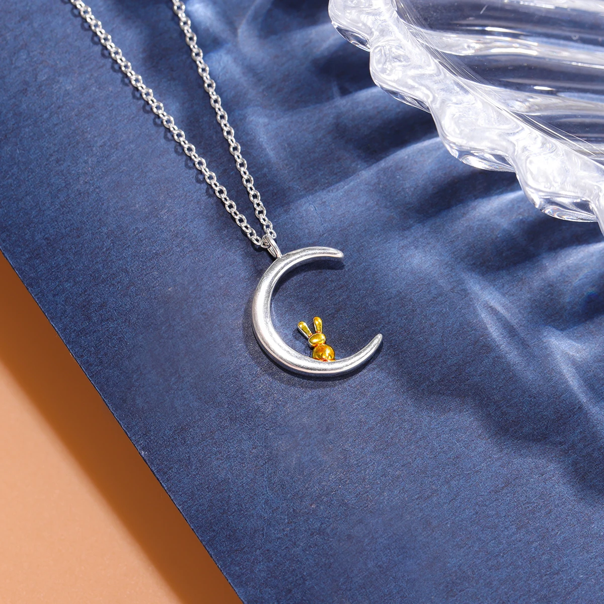 Cute Animal 925 Sterling Silver Rabbit Moon Clavicle Chain Pendant Necklaces