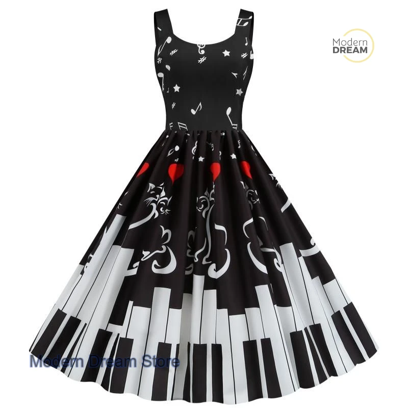 

Summer new skirt women's fashion retro Hepburn temperament casual women's vest stitching notes music sleeveless printing dress