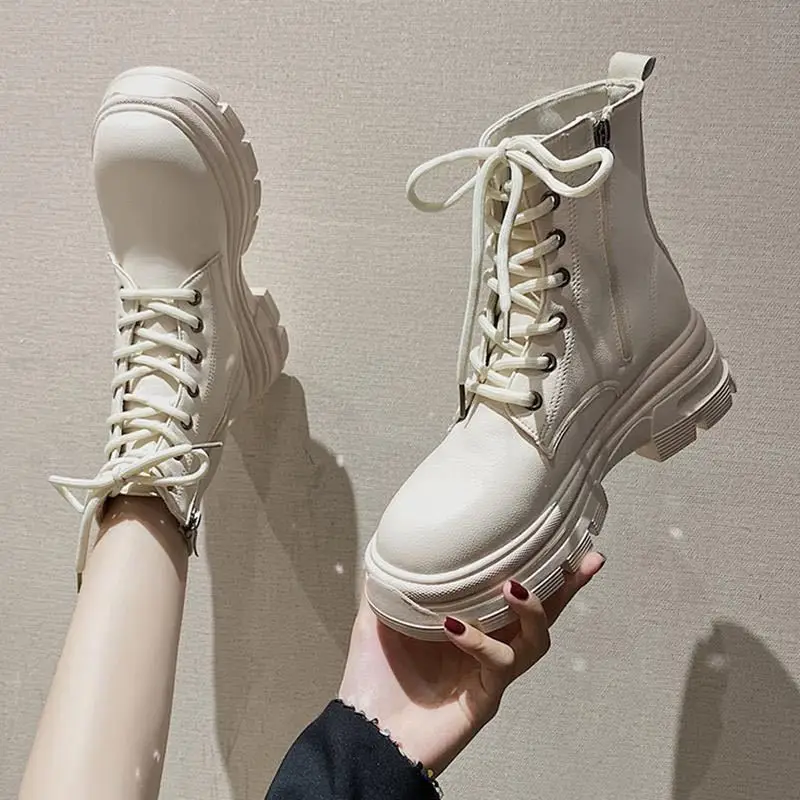 

Женские мотоциклетные ботильоны, повседневные боевые ботинки, модные короткие ботинки с боковой молнией, женская обувь из искусственной кожи на платформе для зимы