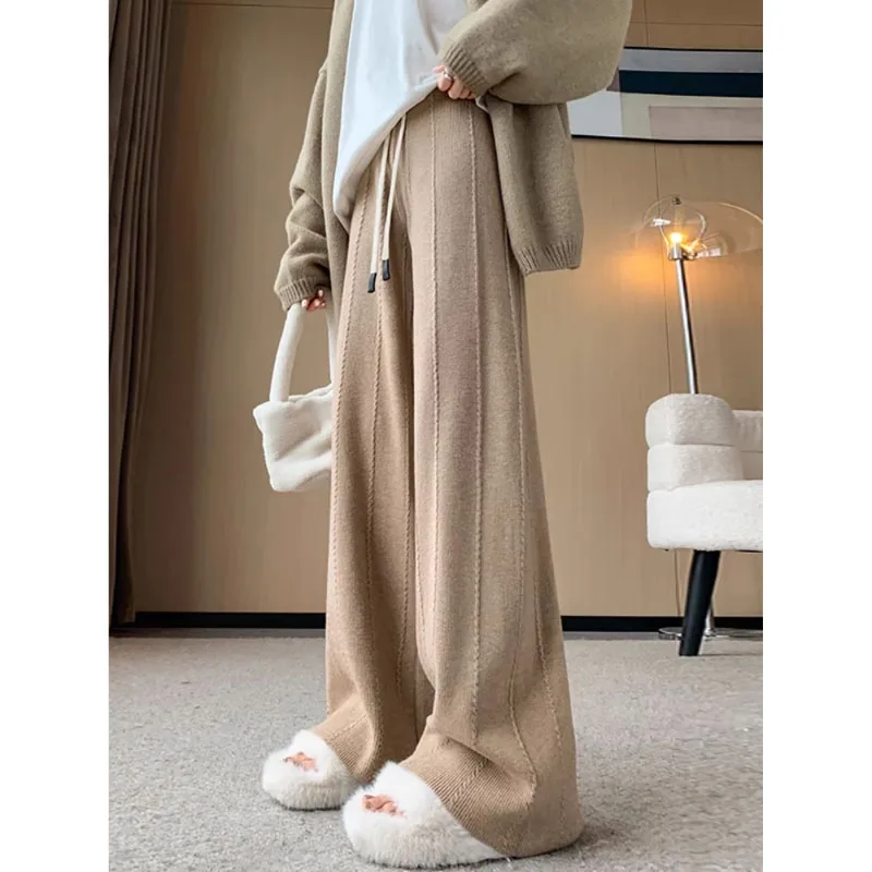 Fashion Simple Texture Glutinous Rice Pants Women's 2024 New High Waist Casual Wide Leg Pants High Quality Extended Knit Pants