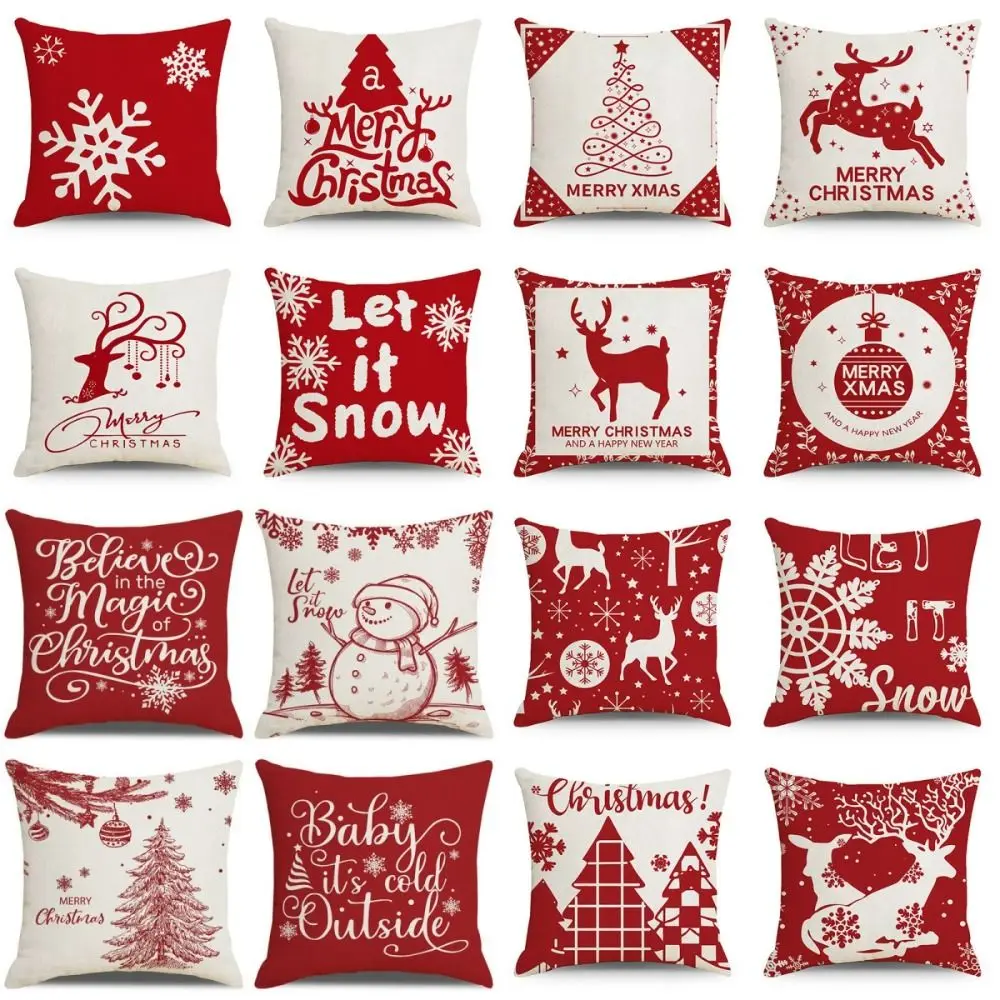 Set of 4 2024 New Christmas Pillow Covers Red White Square Cushion Case 18x18 Xmas Tree Snowflake Pattern Holiday Decor