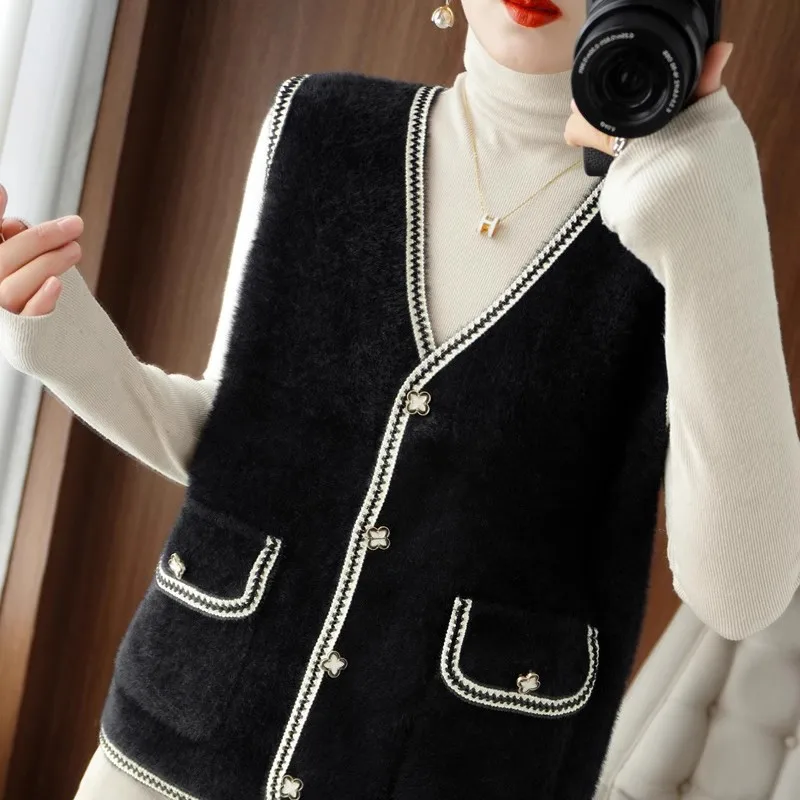 

Женский вязаный жилет, осенняя новинка, верхняя одежда Sle Svel, норковый бархат, женская мода, маленькая ароматная одежда для поездок на работу, V-Ne Bu...