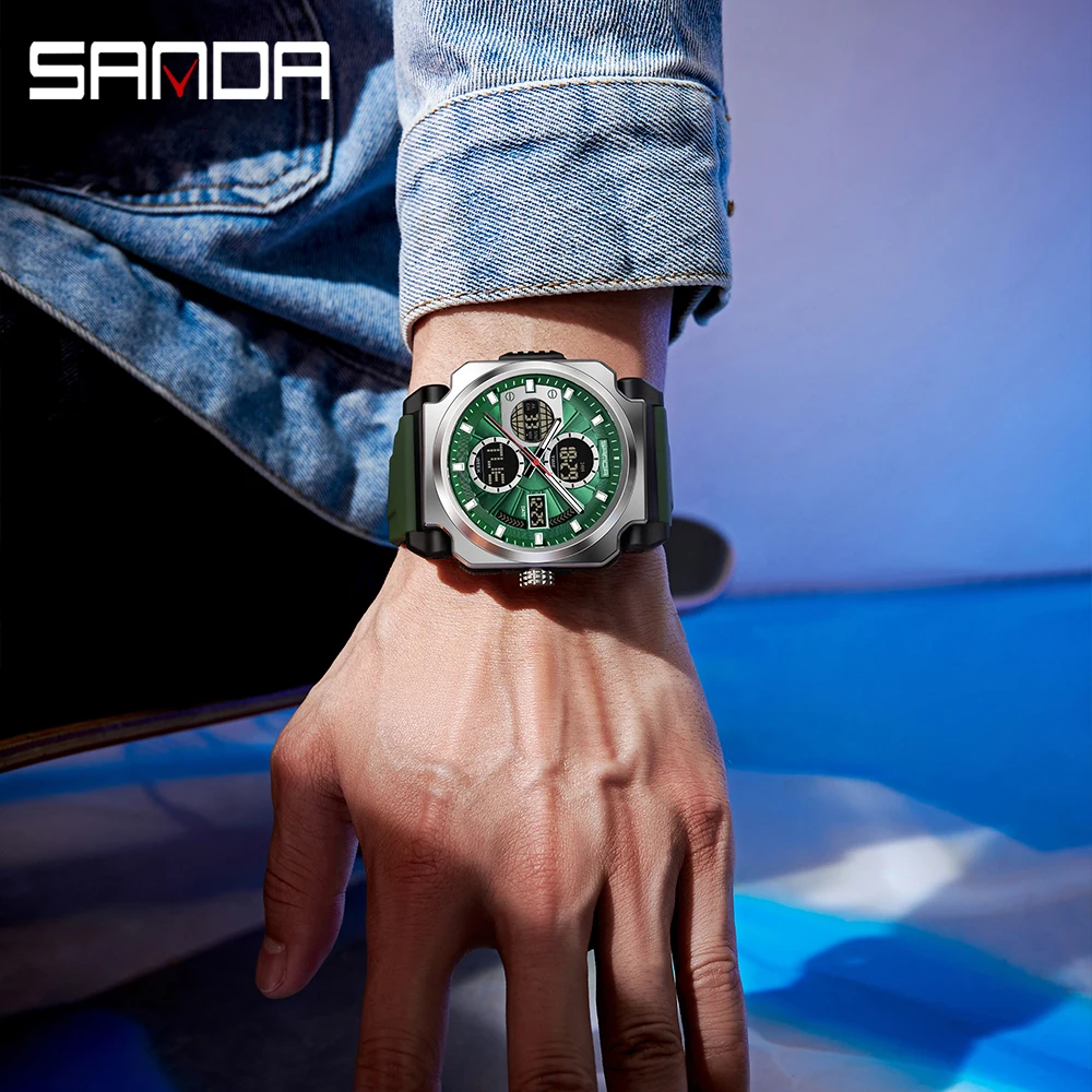 SANDA 3377 Fashion Men's Electronic Watch Sport Multi functional Waterproof Night Light Dual Display Men's Electronic Watch