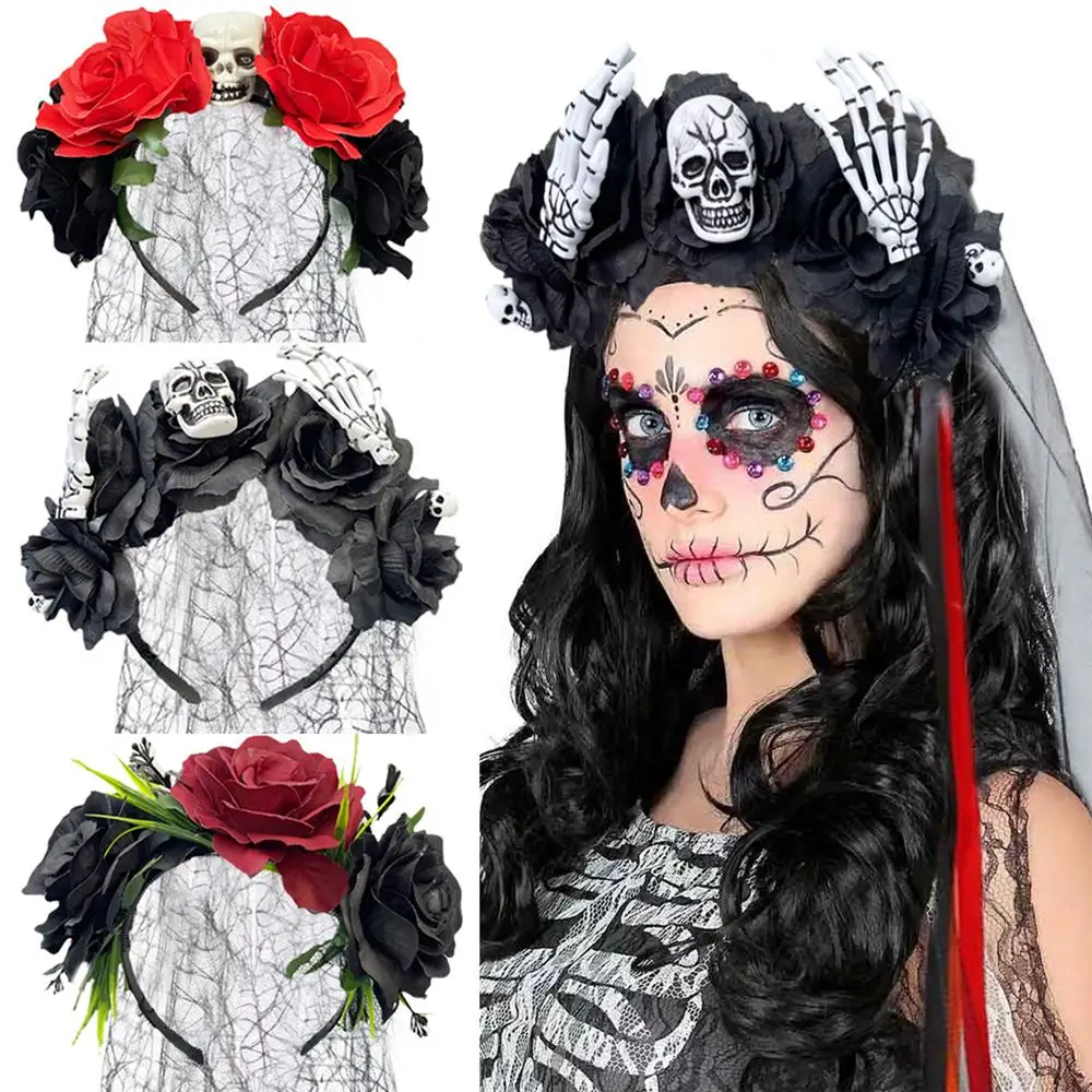 

Day of the Dead Flower Crown Headband with Black Veil Exaggerated Halloween Rose Headpiece Skull and Ghost Party Accessories
