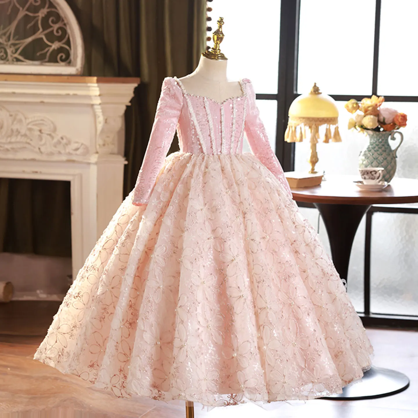 Jill Wish Luxus Rosa Langarm Perlen Prinzessin Geburtstag Mädchen Kleid Spitze für Kinder Geburtstag Hochzeit Festzug Party J292