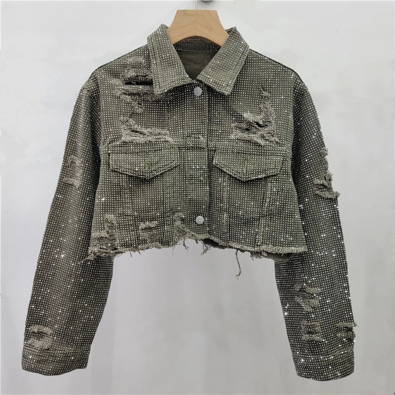 HKSH Women Short Denim Jacket Ripped Distressed Studded Diamonds Pockets Y2K Retro Streetwear Trend Coat New Spring 2026 HK19498