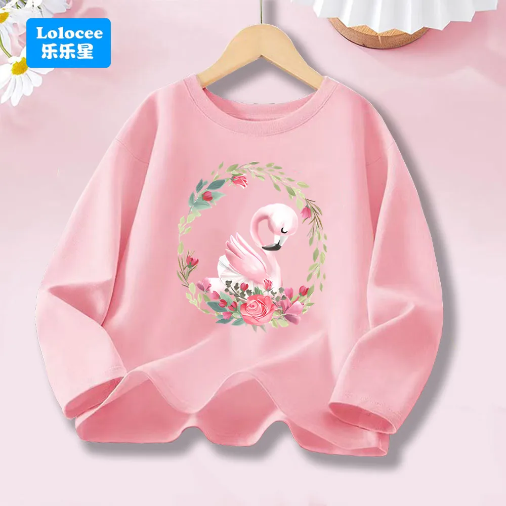 2025 neue Floral Flamingo Langarm T-shirt Kleine Mädchen Herbst Rundhals Baumwolle Tops Kinder Fashion Tees 3-14 alter HLN2
