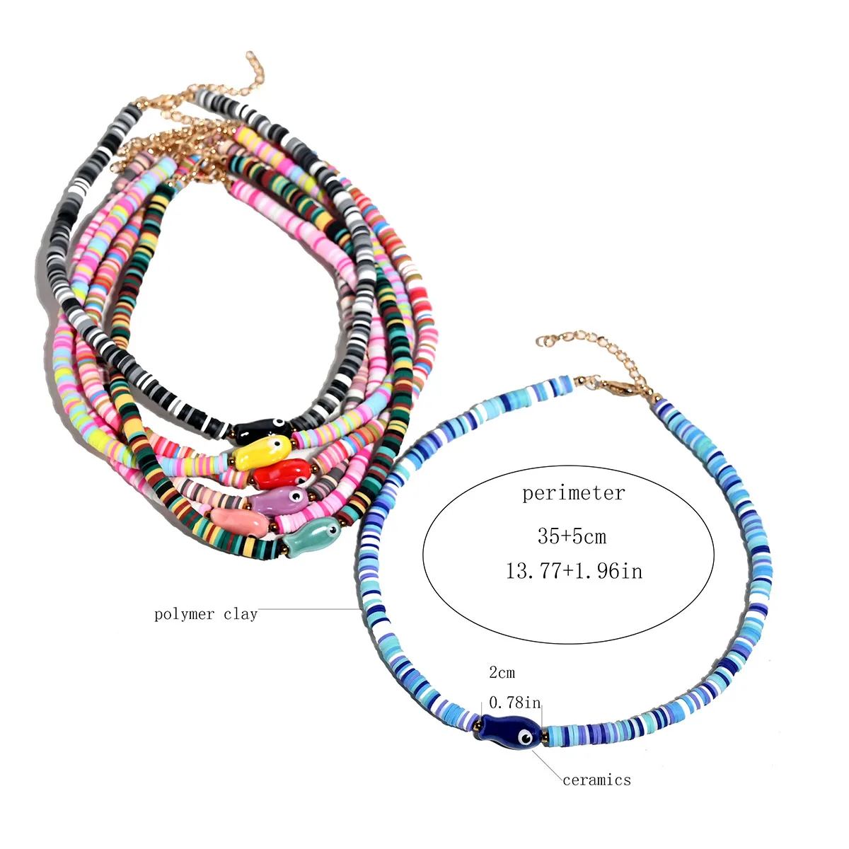 Kalung Liontin Ikan Keramik Warna-warni Gaya Bohemian untuk Wanita, Manik-manik Tanah Liat Polimer Lembut, Multiwarna, Perhiasan Pantai