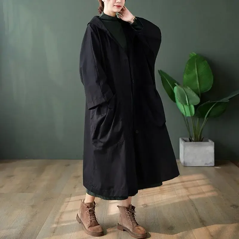 DIMANAF Plus Size Women Jacket Coat Outwear Hooded Button Pockets Cardigan Female Clothing Loose Oversize Autumn Thin Overcoat