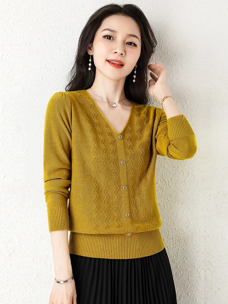 TuangBiang Autumn 2022 Wave Ribbed Button Elegant Pullover V-Neck Ladies Elegan Cotton Sweater Elasticity Winter Knitted T-Shirt