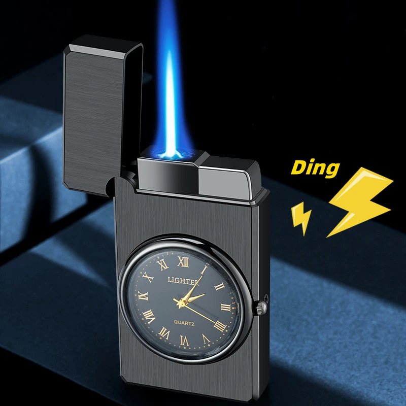 New Loud Clock Inflatable Windproof Straight Blue Flame Watch Lighter Metal Turbo Flashlight Lighter Unusual Lighter Men\'s Gift