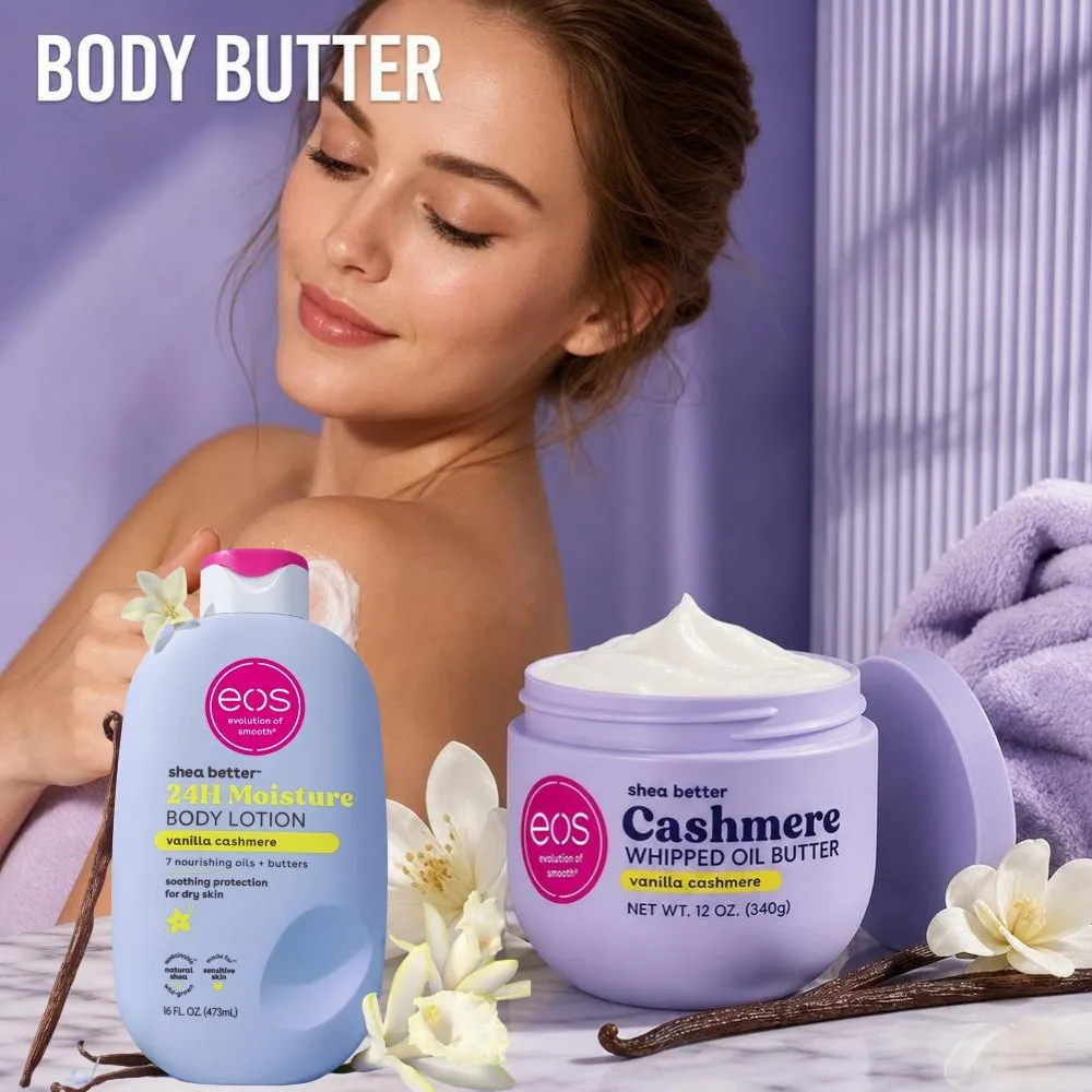 EOS Vanilla Cashmere Scent Butter Body Lotion 24H Long Lasting Moisture Shea Butter Nourishing Soothing Body Cream For Dry Skin