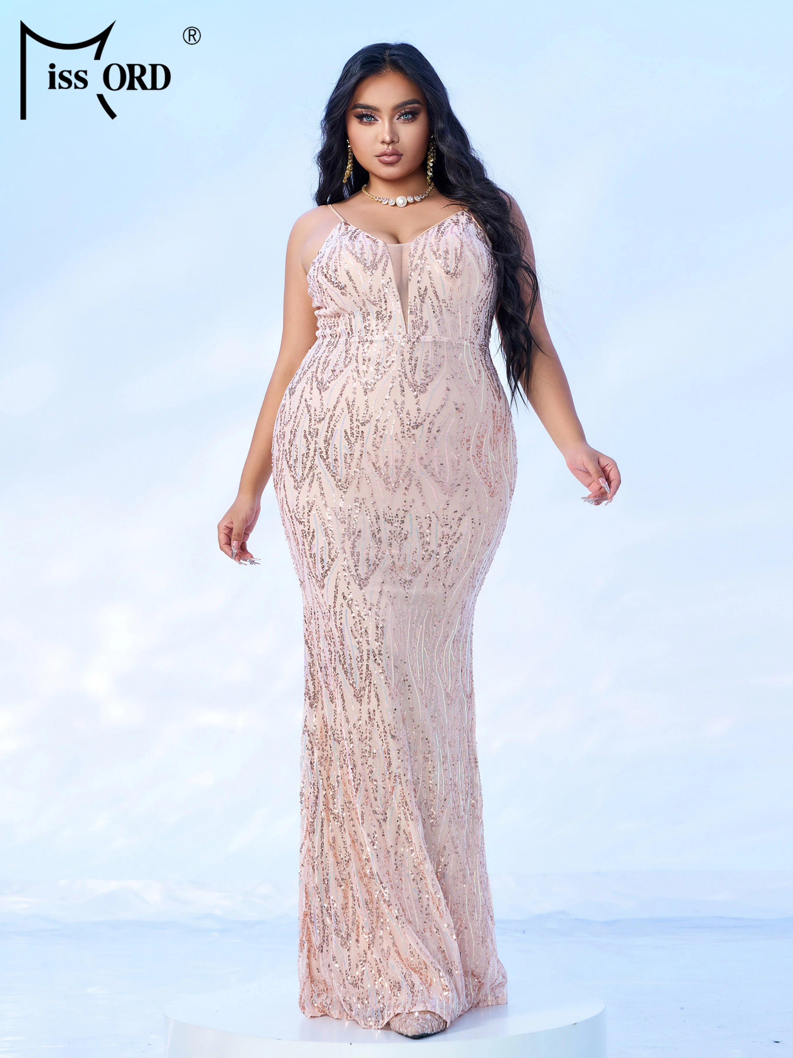 Missord Plus Size New Apricot Chic Summer Elegant Spaghetti Sequin Mermaid Evening Formal Occasion Wedding Birthday Party Dress