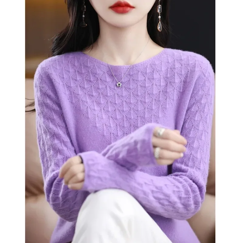 Pulôver de caxemira com decote em o, suéter 100% lã merino, malha básica, manga comprida, top de roupas femininas, primavera, outono, novo