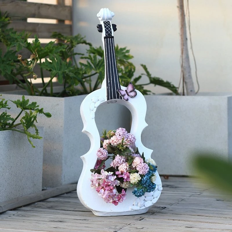 Ornamento de decoração de jardim para varanda externa de violino branco