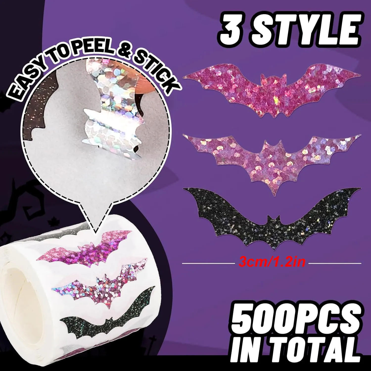 500pcs Halloween Bat Stickers Roll Laser Black Bat Waterproof 3 Designs Glitter Self-Adhesive Stickers for Halloween Party image 2