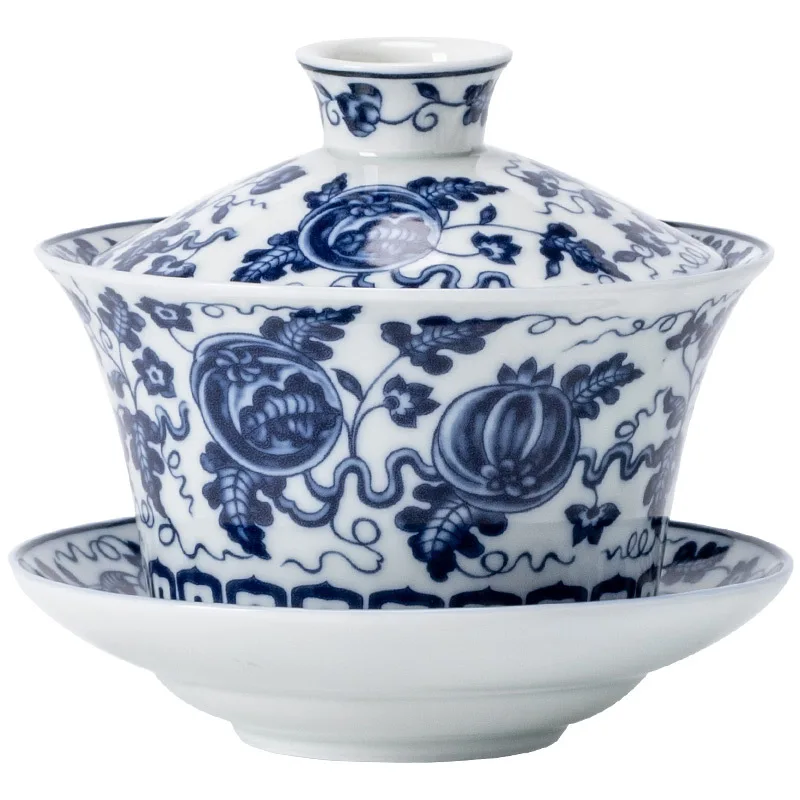PYH blue and white ceramic cover bowl, single large shadow blue kung fu tea set, retro tea bowl, tea cup