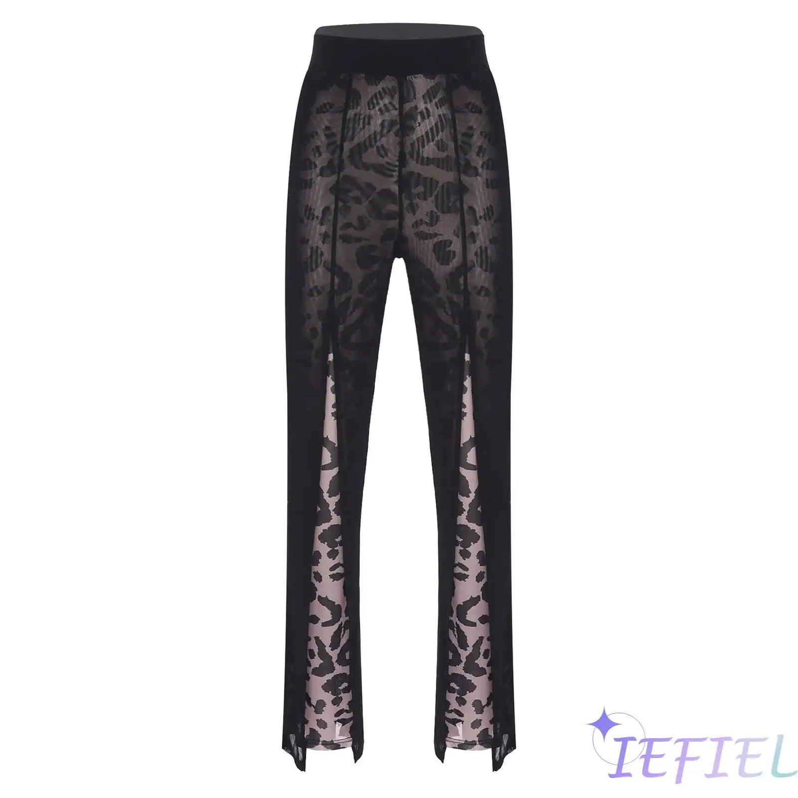 

Womens Latin Dance Trousers Slit Wide Double-layer Sheer Mesh Leopard Print Leg Pants Modern Dance Latin Performance Costume