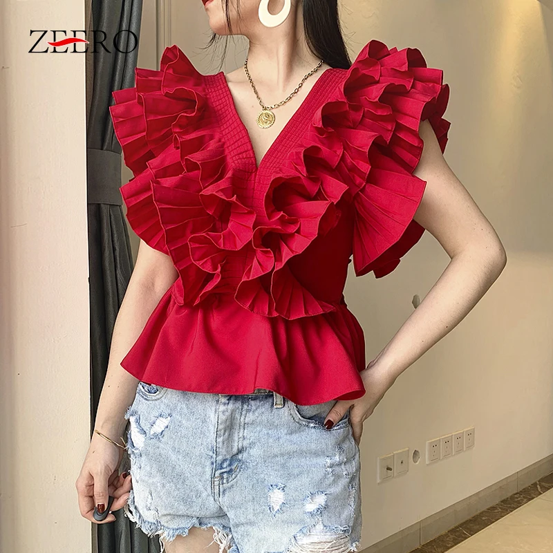 

Summer Red Patchwork Ruffles Shirt V Neck Short Petal Sleeve Womens Blouses Elegant Sweet Ladies Cropped Tops Blusas De Mujer