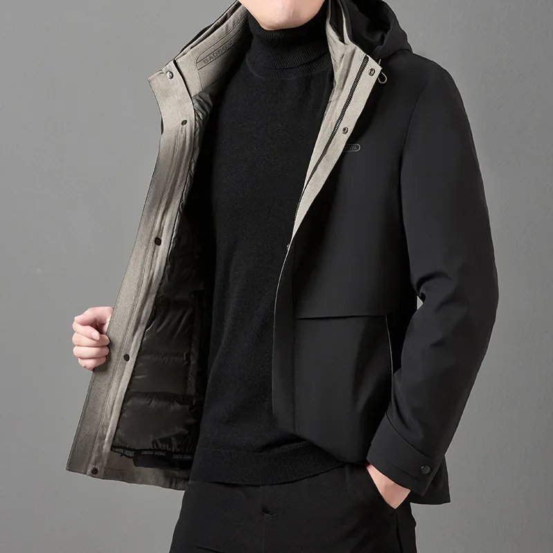 One Dress and Three Wear Men's Down Jacket, Draggable Liner, Milk Silk Fabric, Hooded Hat, Removable Goose Down Jacket